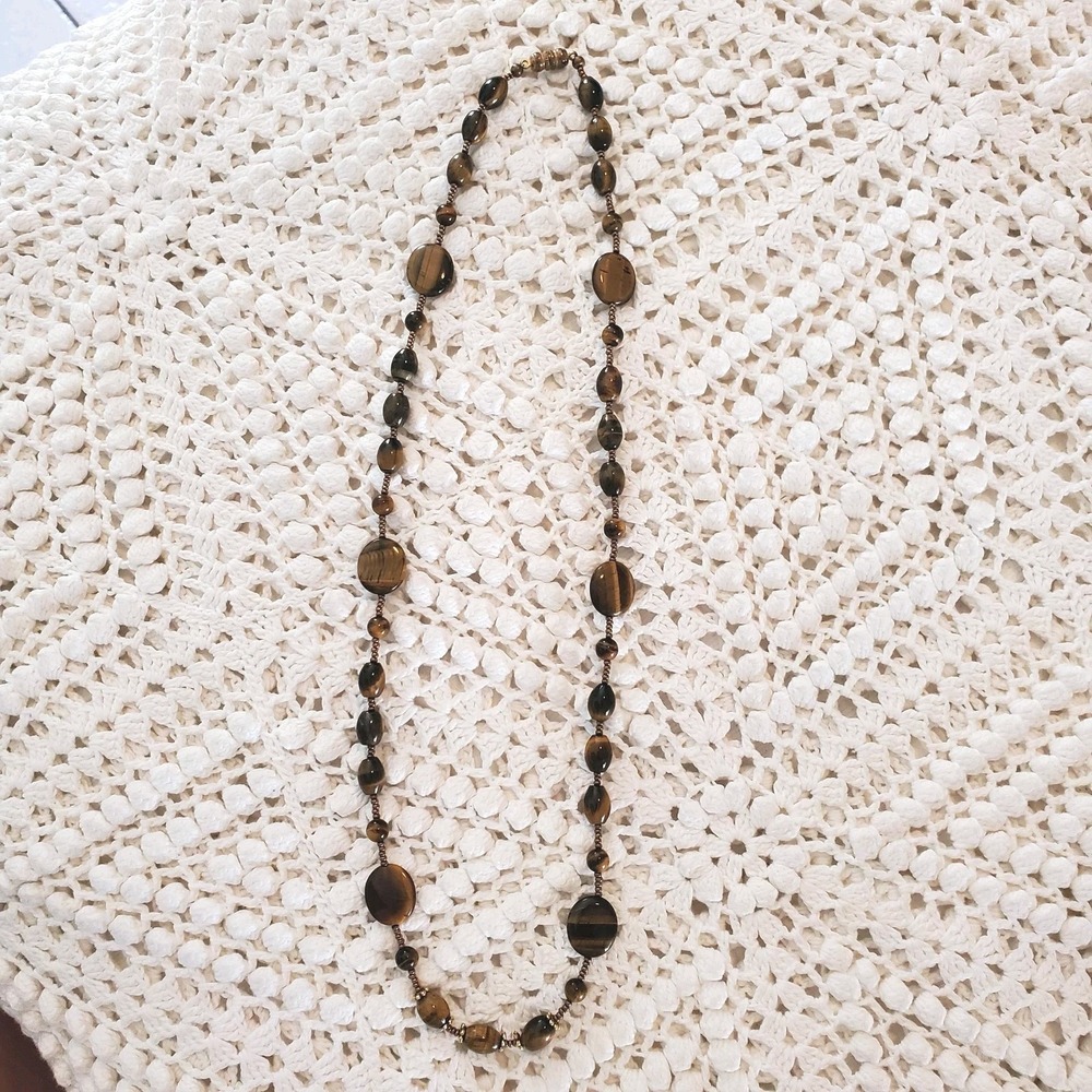Tiger's Eye Beaded Necklace Womens Long Brown Gemstone Gold‎ Tone Barrel Clasp - Picture 3 of 6